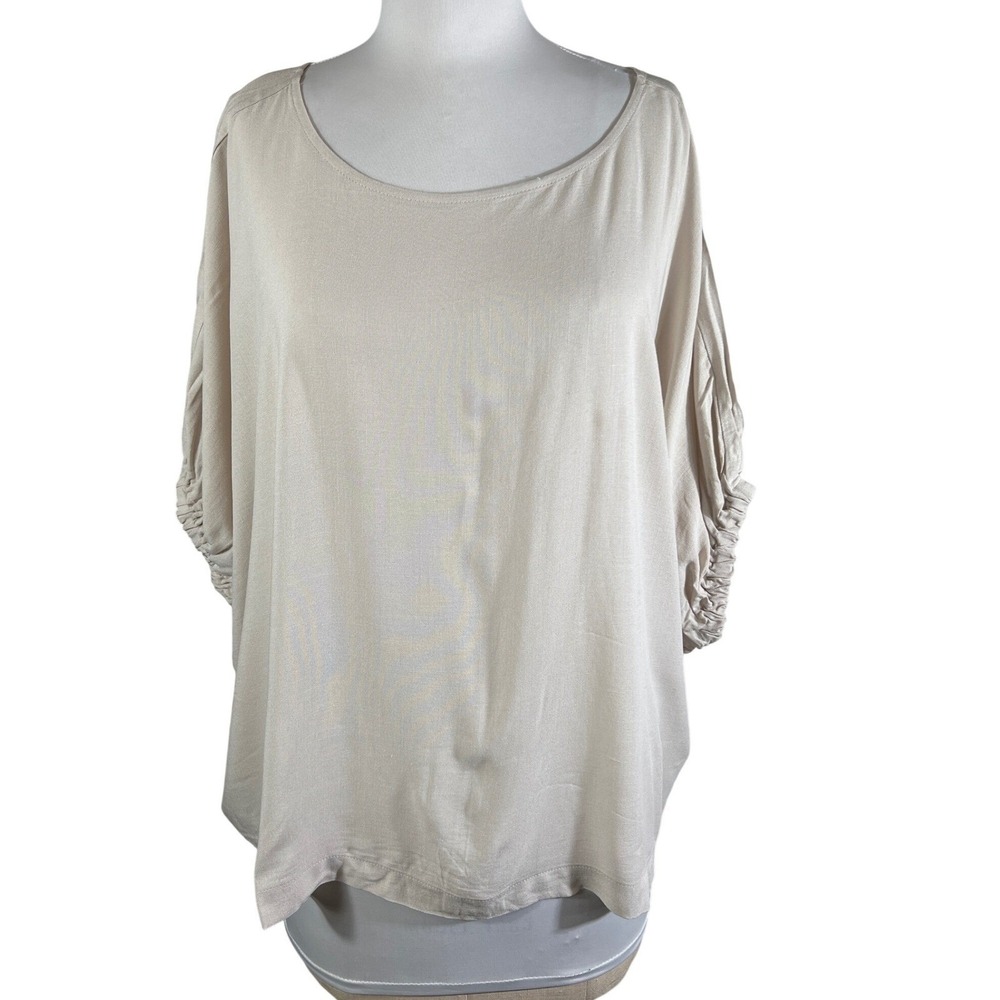 Zenana Beige Ruched Dolman Sleeve Blouse Oversized Scoop Neck Relaxed Top Boxy M